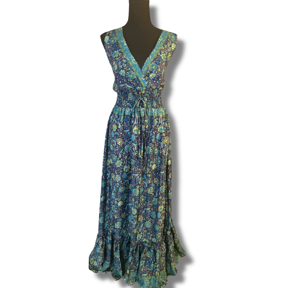 Bohemian Floral Maxi Dress in Teal and Navy